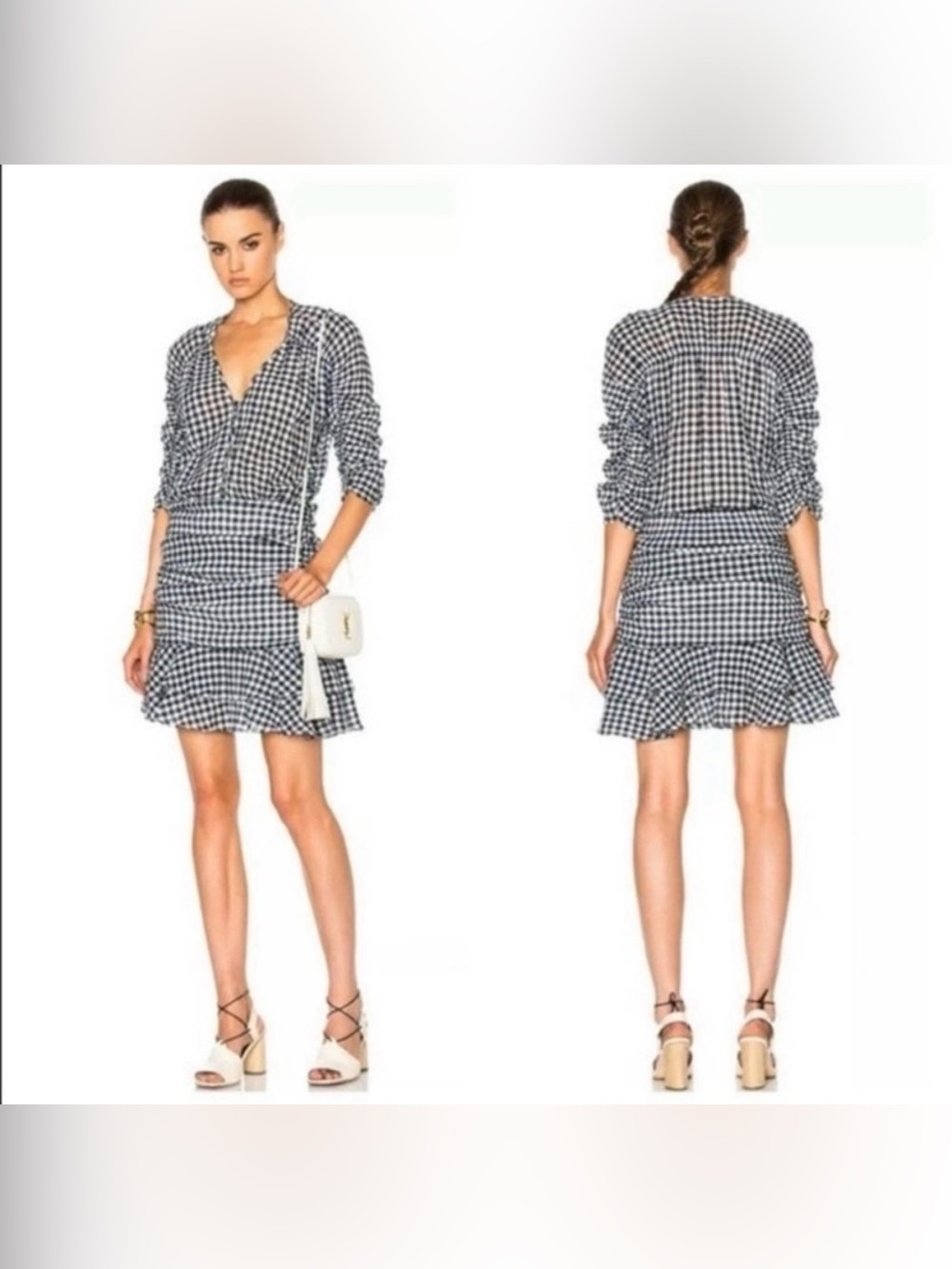 Veronica Beard Campbell Gingham Ruched Pleated Mini Dress Size 2 Navy Blue White